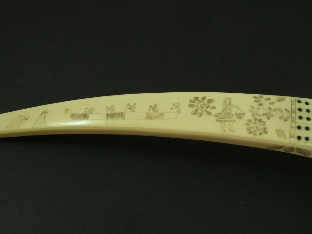 Large Scrimshaw Inuit Crib Board Walrus Tusk Marine Ivory Eskimo View VI