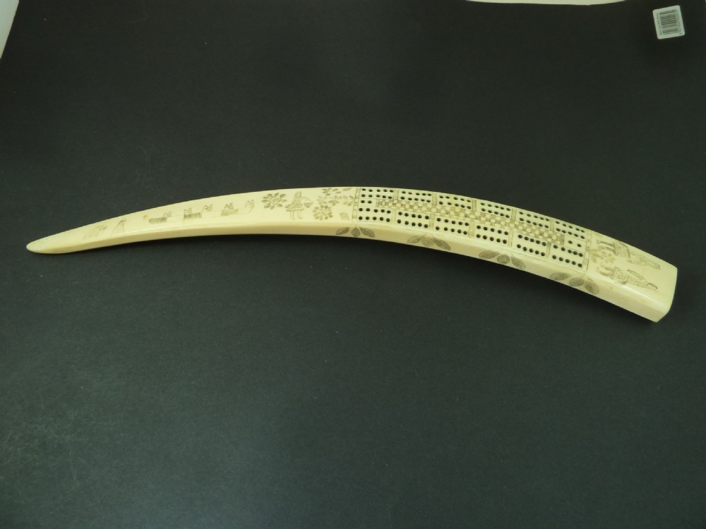 Large Scrimshaw Inuit Crib Board Walrus Tusk Marine Ivory Eskimo View VII