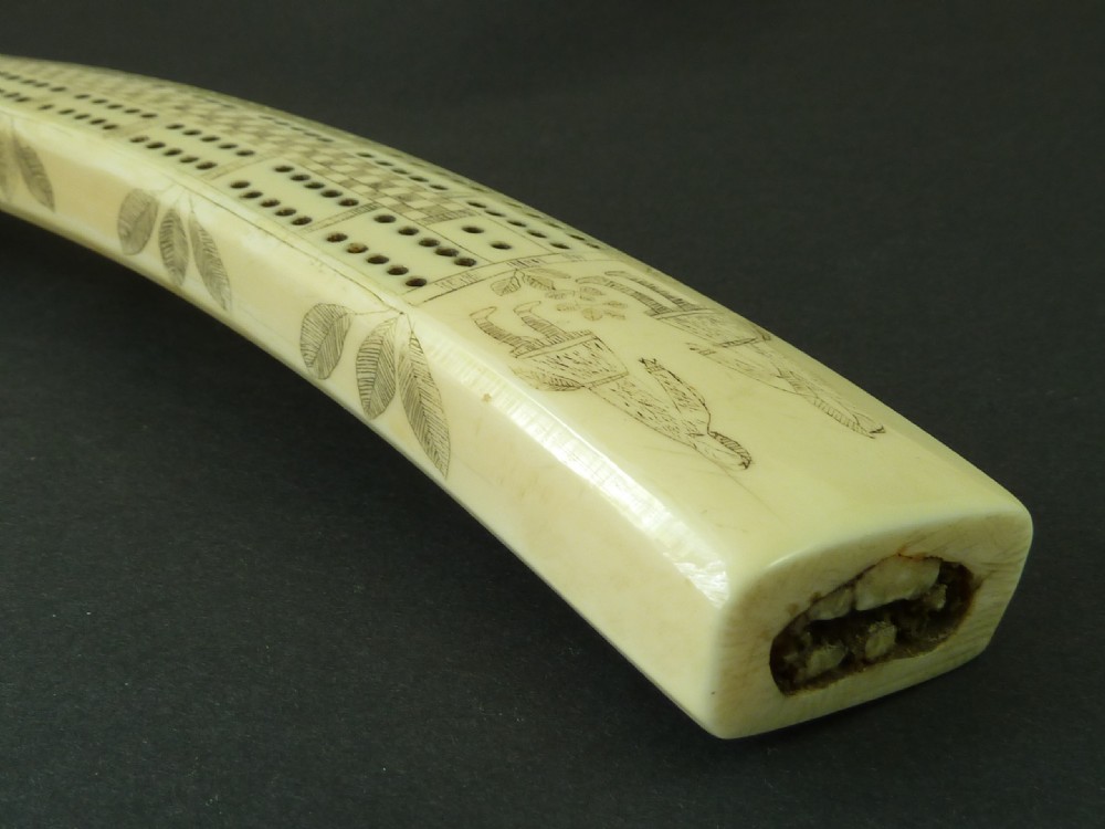 Large Scrimshaw Inuit Crib Board Walrus Tusk Marine Ivory Eskimo View VIII