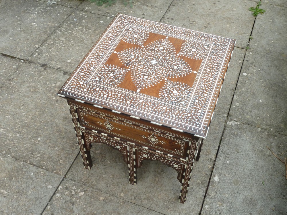 A square Anglo-Indian wooden side table with intricate bone inlay floral patterns and arched aprons. View III