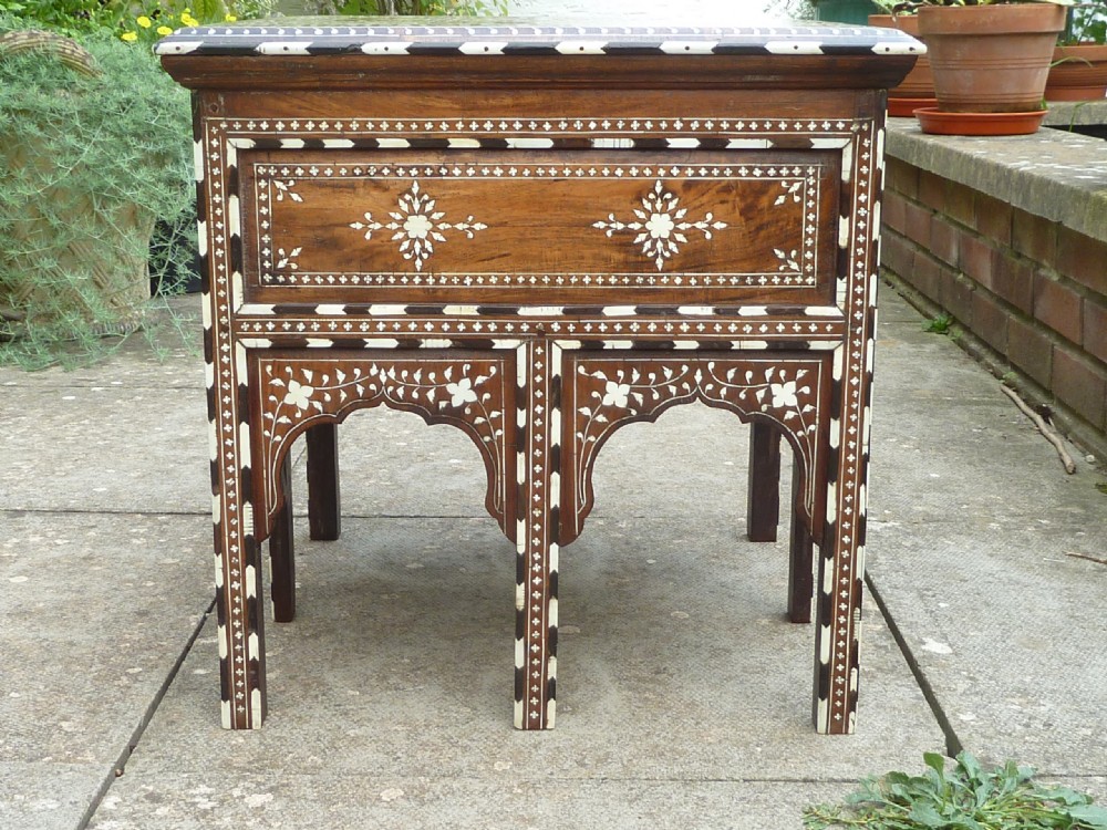A square Anglo-Indian wooden side table with intricate bone inlay floral patterns and arched aprons. View IV