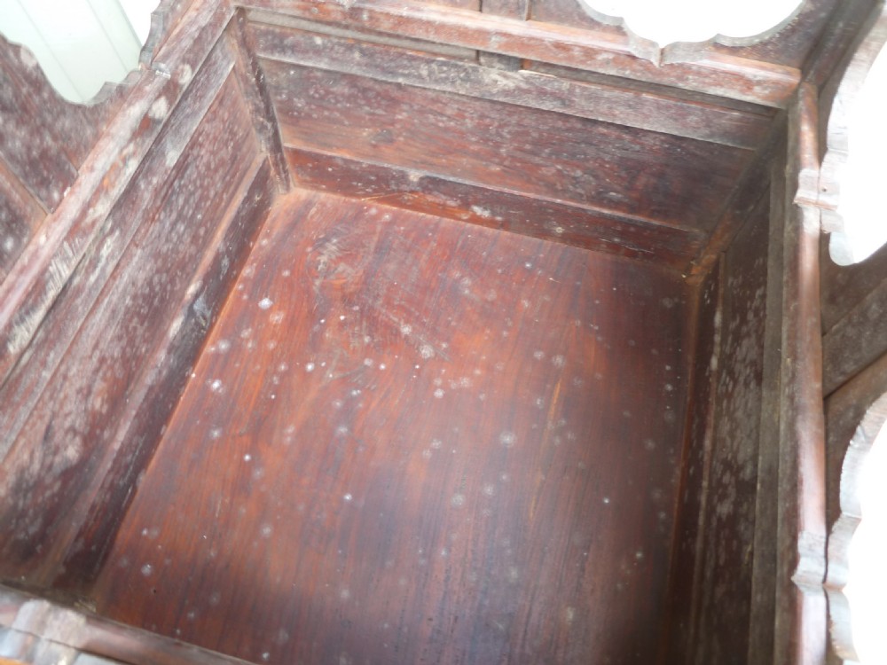 A square Anglo-Indian wooden side table with intricate bone inlay floral patterns and arched aprons. View VI
