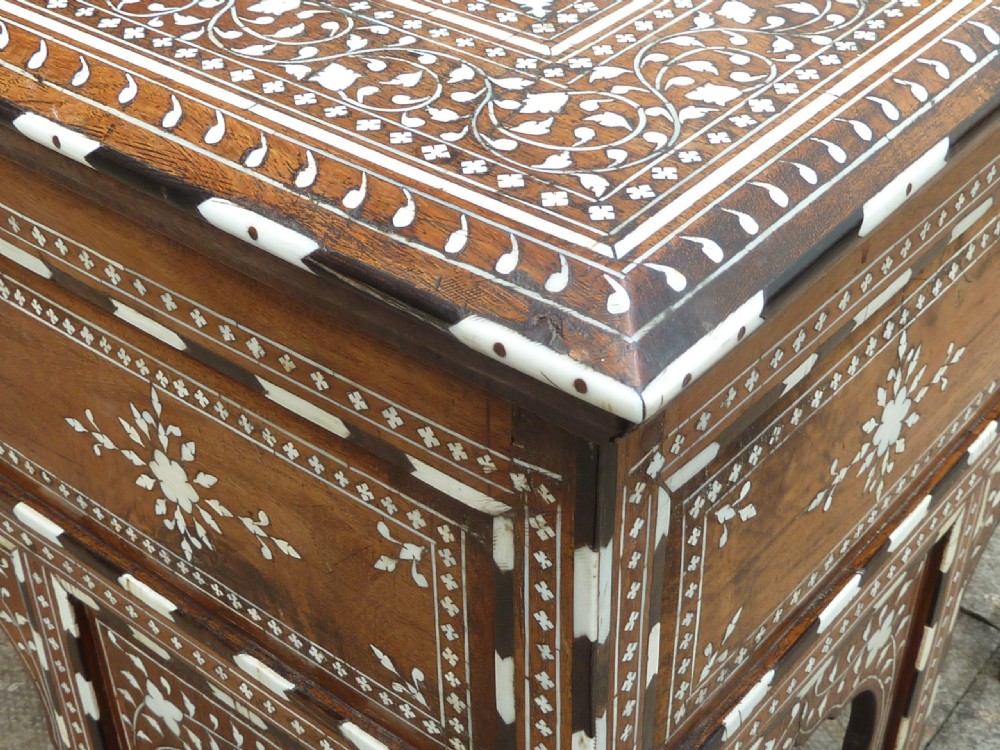 A square Anglo-Indian wooden side table with intricate bone inlay floral patterns and arched aprons. View VII