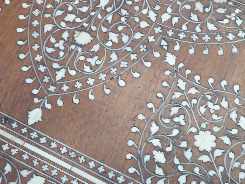A square Anglo-Indian wooden side table with intricate bone inlay floral patterns and arched aprons. View VIII