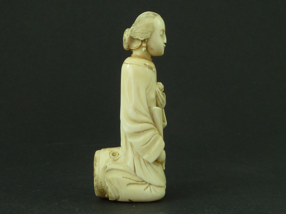 Chinese Carved Ivory Walking Stick Handle Kneeling Figure Antique View II