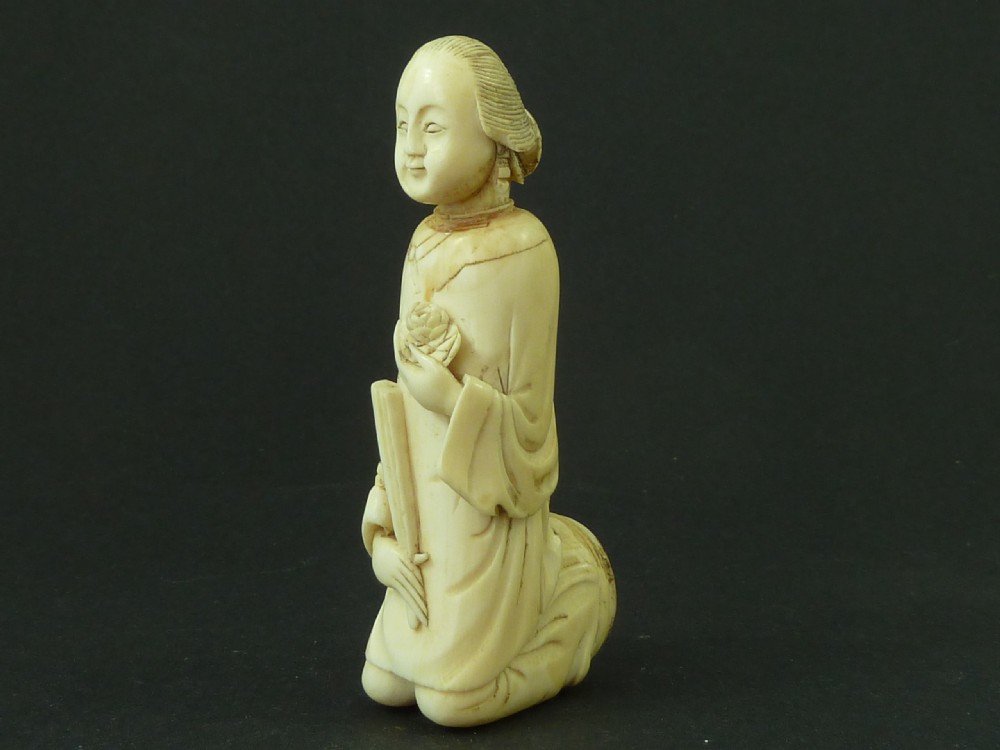 Chinese Carved Ivory Walking Stick Handle Kneeling Figure Antique View IV