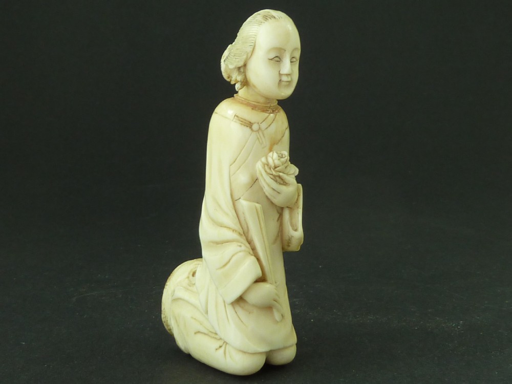Chinese Carved Ivory Walking Stick Handle Kneeling Figure Antique View VI