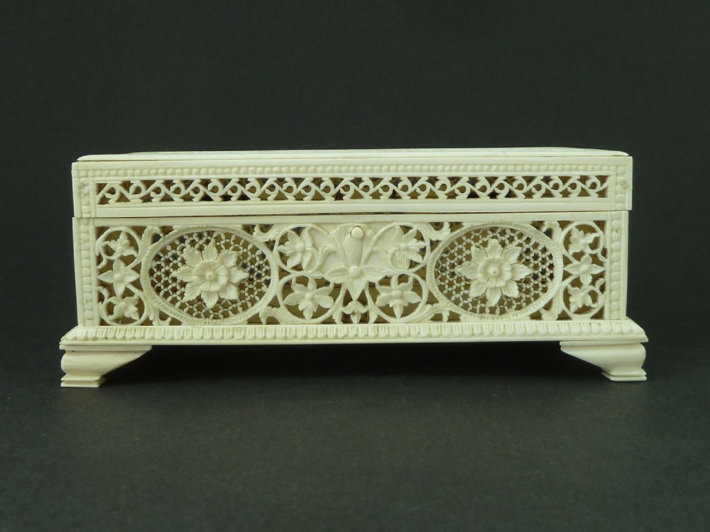 Anglo Indian Ivory Carved Pierced Jewellery Box Casket Antique View II