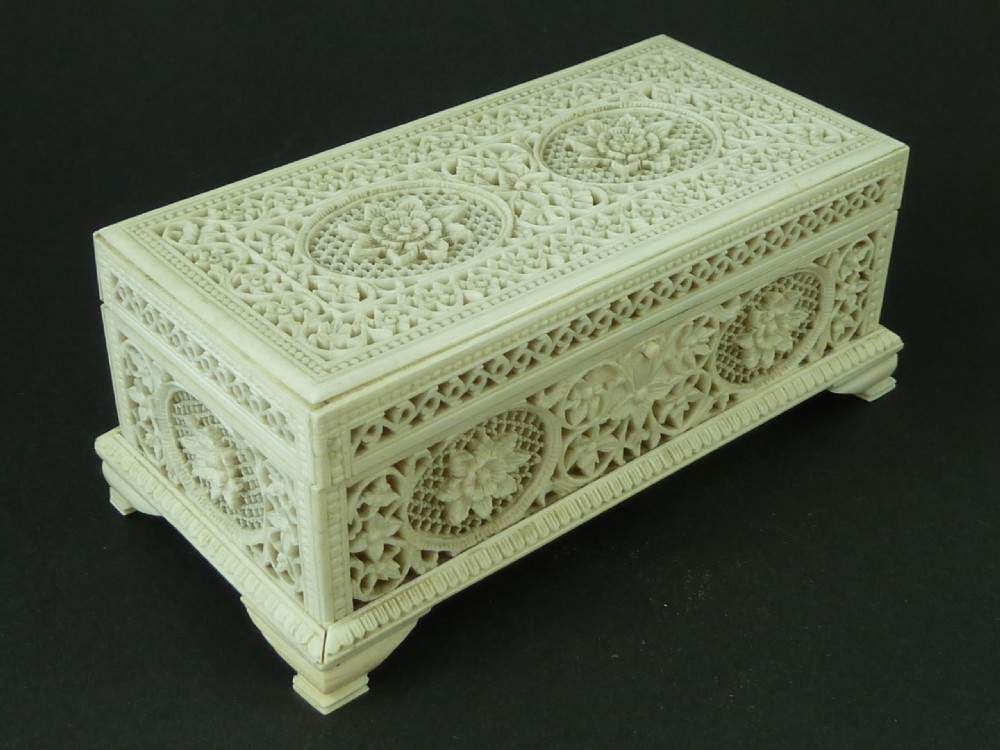 Anglo Indian Ivory Carved Pierced Jewellery Box Casket Antique View IV