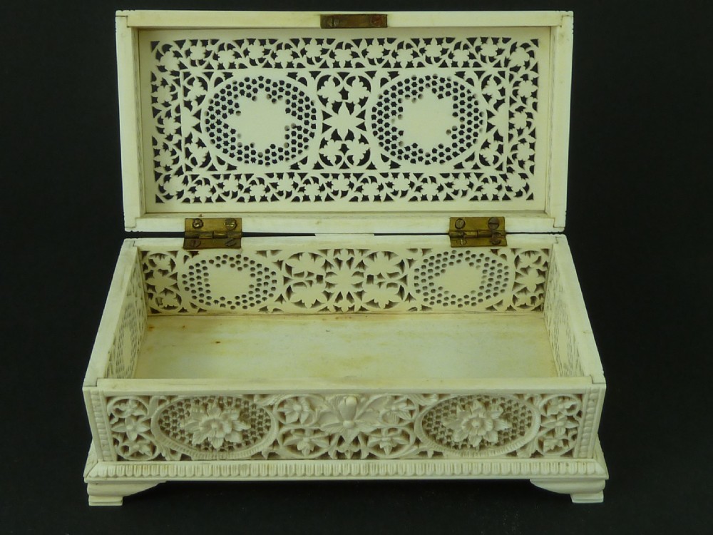 Anglo Indian Ivory Carved Pierced Jewellery Box Casket Antique View V