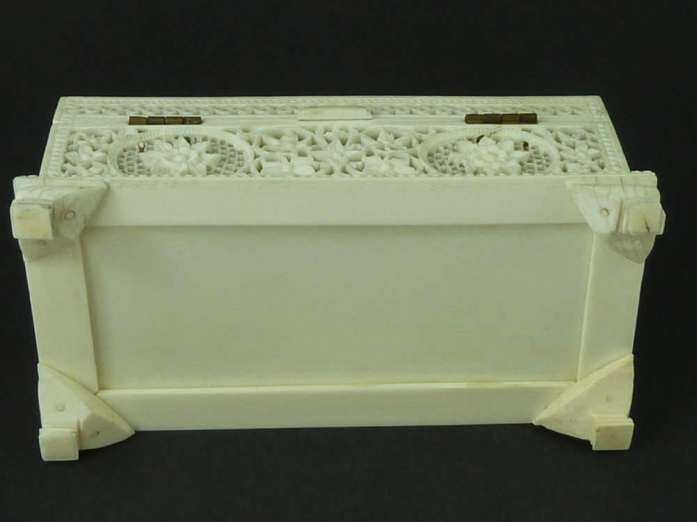 Anglo Indian Ivory Carved Pierced Jewellery Box Casket Antique View VI