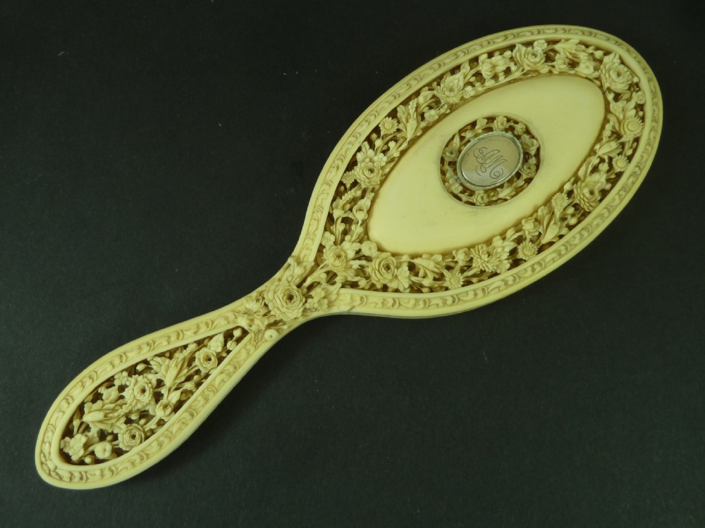 Anglo Indian Carved Ivory Hand Mirror Dressing Table Vanity