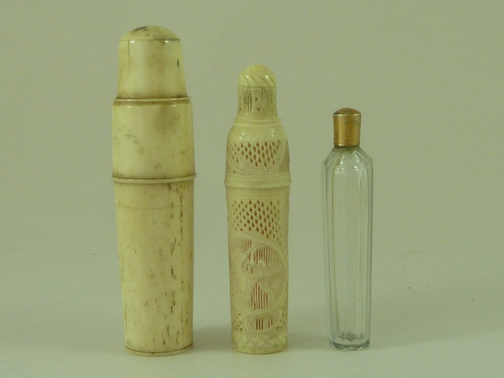 French Dieppe Carved Bone & Ivory Cased Vermeil Cut Glass Perfume Scent Bottle Antique