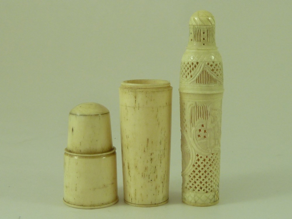 French Dieppe Carved Bone & Ivory Cased Vermeil Cut Glass Perfume Scent Bottle Antique View III