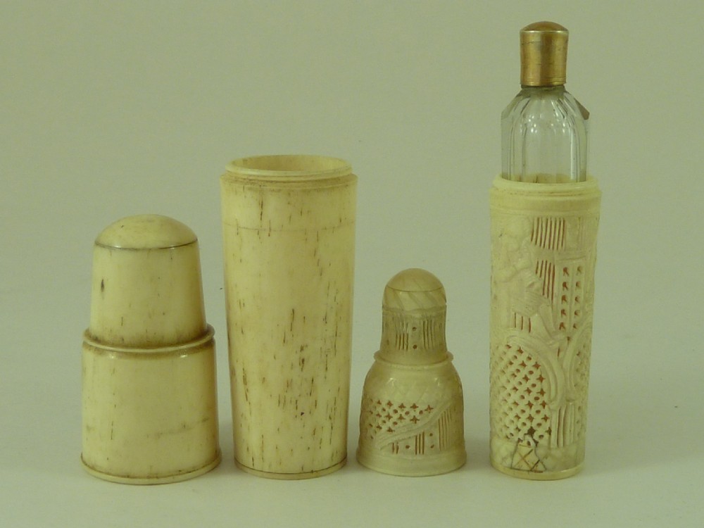 French Dieppe Carved Bone & Ivory Cased Vermeil Cut Glass Perfume Scent Bottle Antique View IV