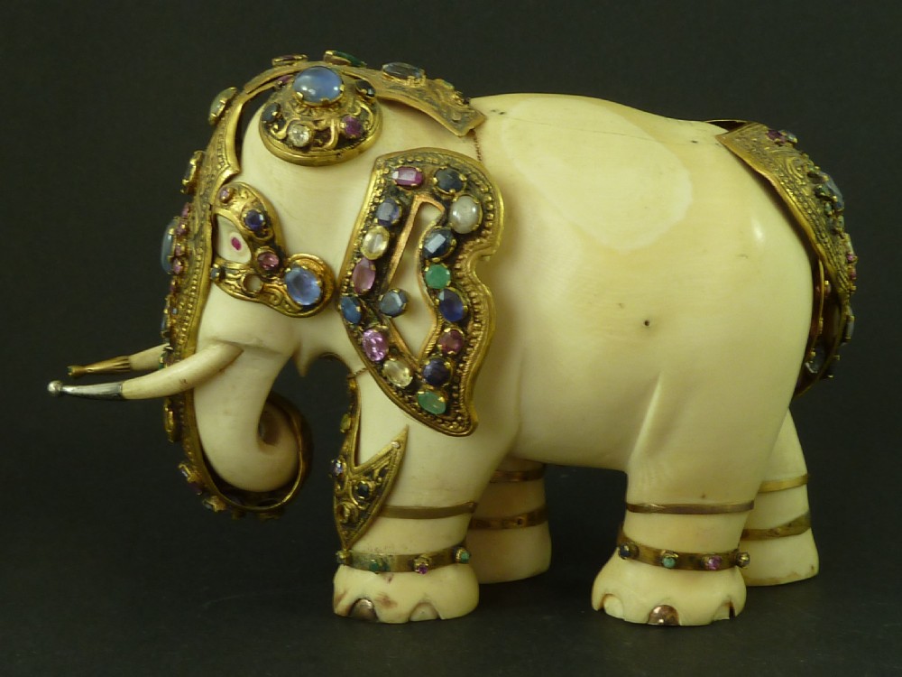 Large Sri Lanka Carved Ivory Jewel Encrusted Elephant Antique