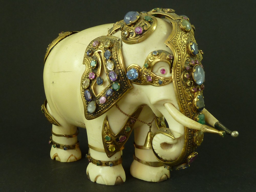 Large Sri Lanka Carved Ivory Jewel Encrusted Elephant Antique View II