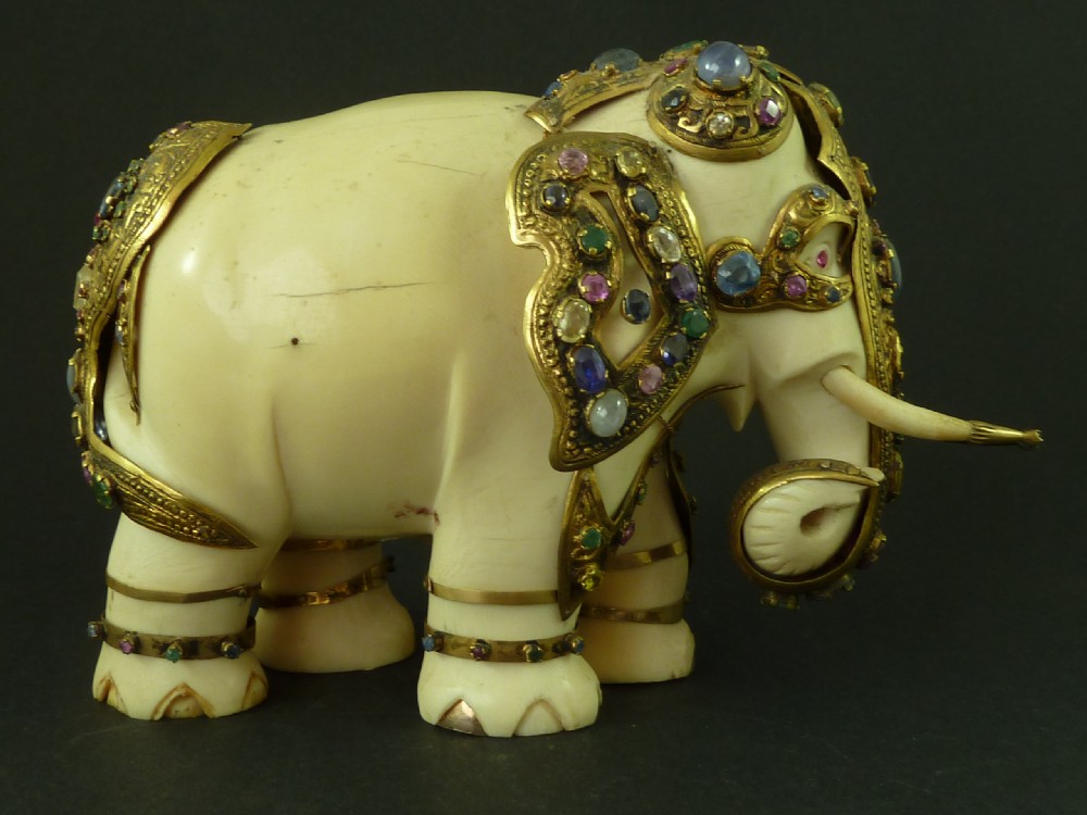 Large Sri Lanka Carved Ivory Jewel Encrusted Elephant Antique View III