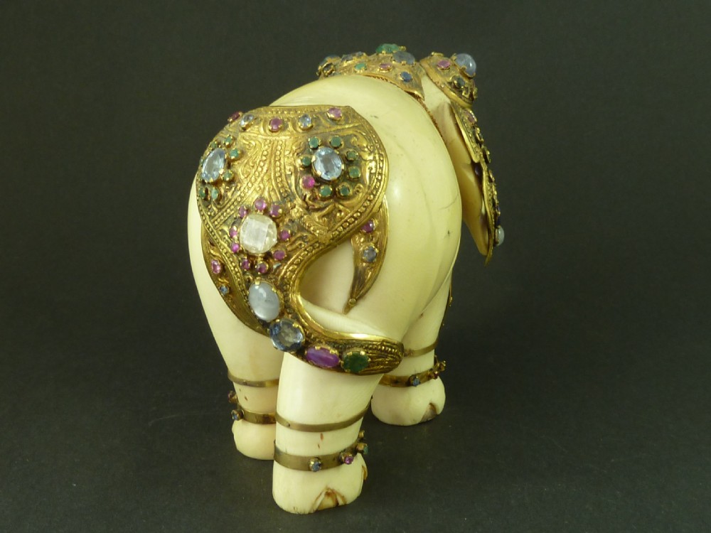 Large Sri Lanka Carved Ivory Jewel Encrusted Elephant Antique View IV
