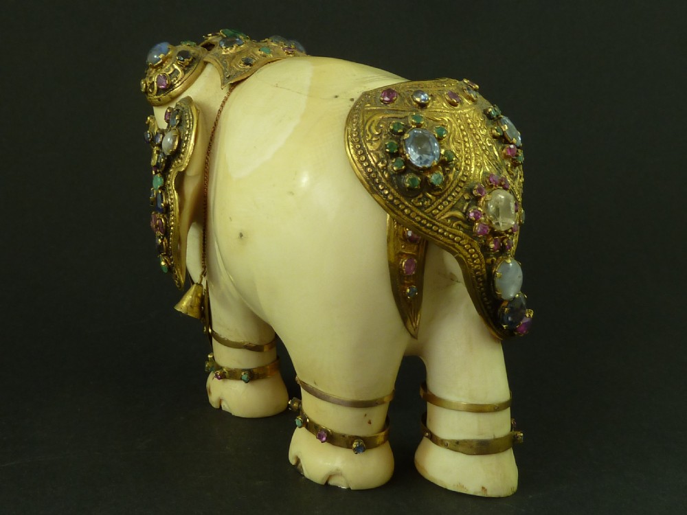 Large Sri Lanka Carved Ivory Jewel Encrusted Elephant Antique View V