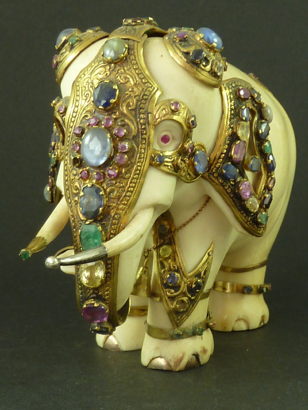 Large Sri Lanka Carved Ivory Jewel Encrusted Elephant Antique View VI
