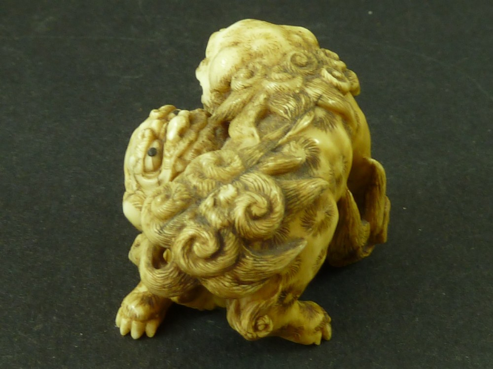 Japanese Sea Ivory Netsuke Dog of Fo ShiShi Lion Carved Antique View III