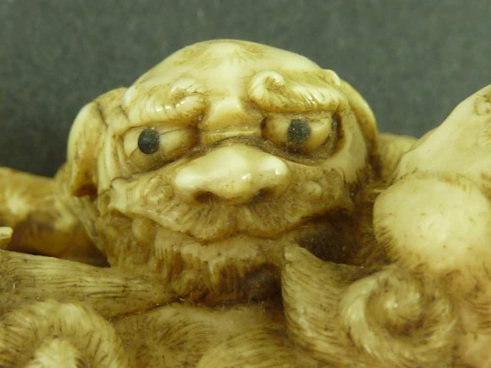 Japanese Sea Ivory Netsuke Dog of Fo ShiShi Lion Carved Antique View VIII