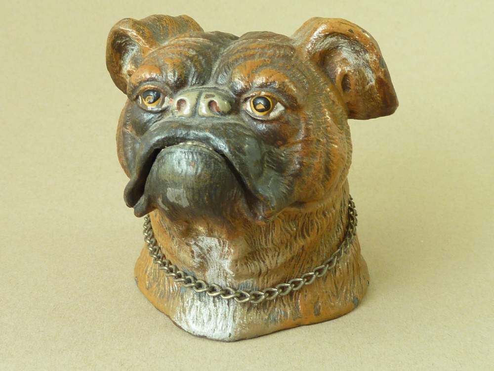 Victorian Bulldog Cold Painted Metal Money Box Antique