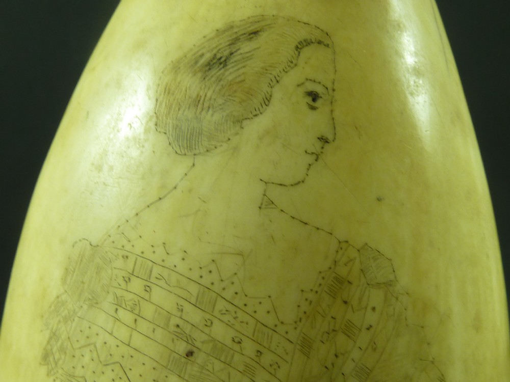 Original Antique Whale Tooth Sailors Scrimshaw Folk Art Fashion Lady View VI