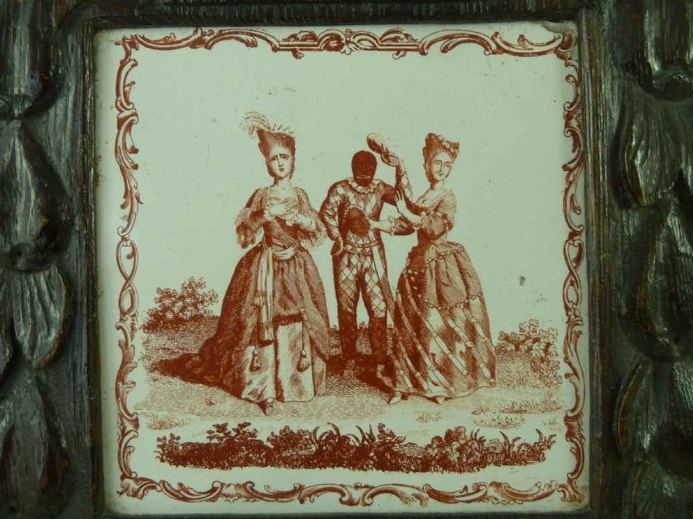 1765 Comedie Del'Arte Colombine Harlequin Ragonda Liverpool Delft Tile Carved Oak Frame Antique View II
