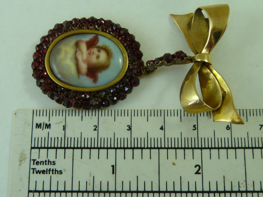 Gold Garnet Reynolds Angel Plaque Pendant Brooch Victorian Bow Pin View VI