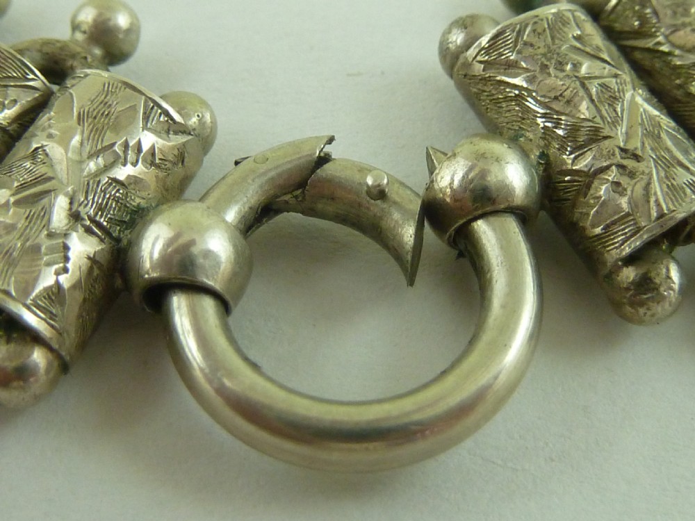 Victorian Solid Silver Collar Engraved Box Link Chain Fringe Necklace Bead Ring Clasp Sterling Antique View III
