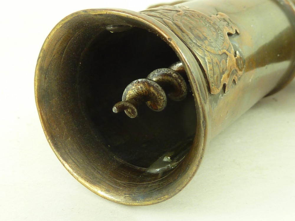 A Georgian patinated bronze Thomason patent mechanical corkscrew featuring a Royal Coat of Arms crest badge and steel helix. View III