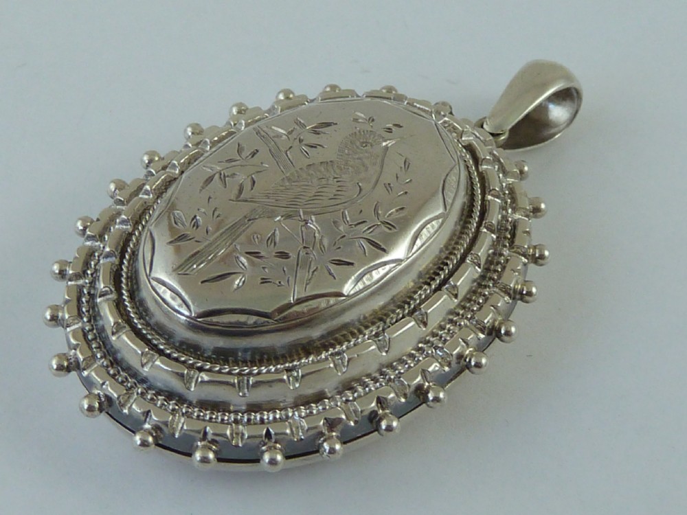Silver Pendant Photo Locket Solid Sterling Engraved Song Bird Victorian View II