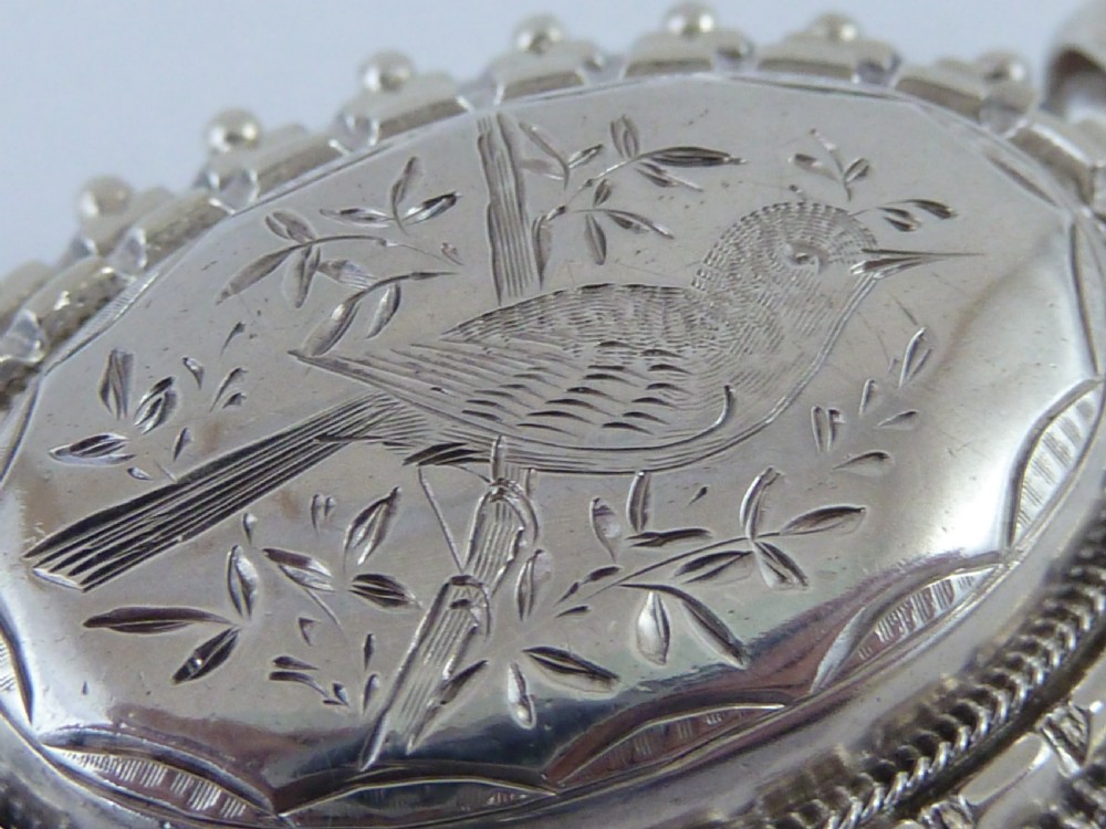 Silver Pendant Photo Locket Solid Sterling Engraved Song Bird Victorian View IV