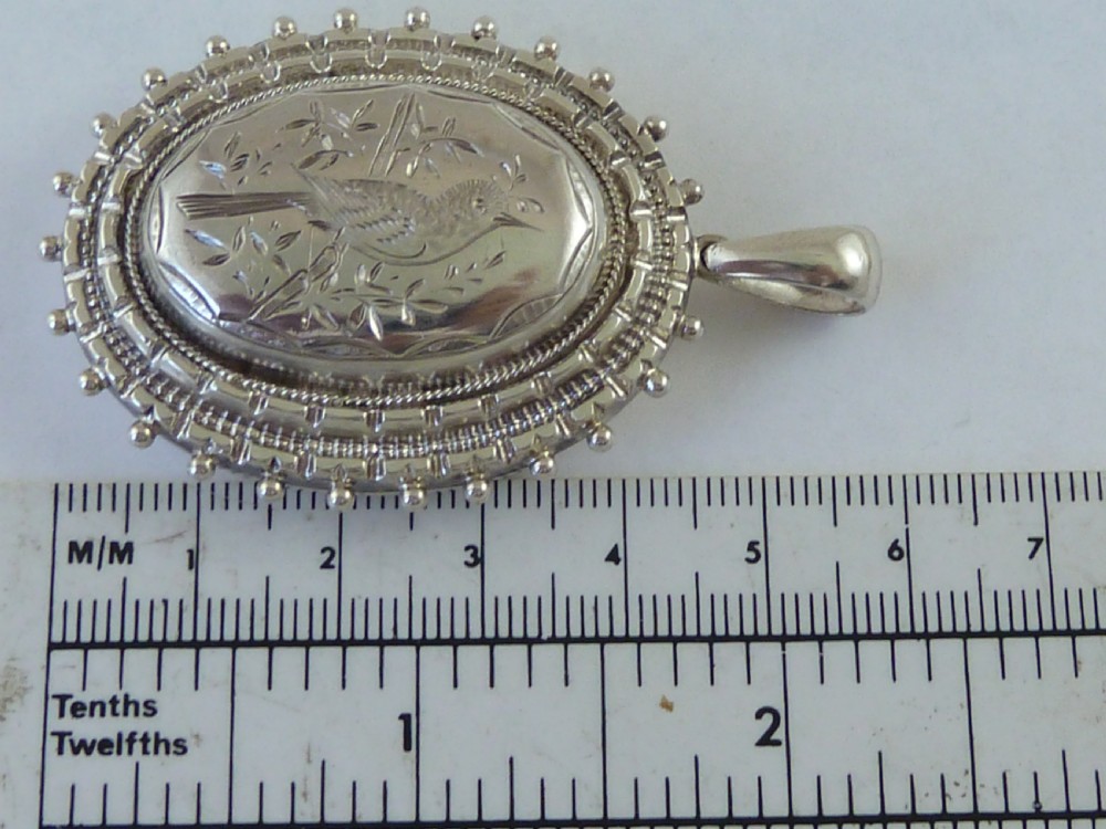 Silver Pendant Photo Locket Solid Sterling Engraved Song Bird Victorian View VI