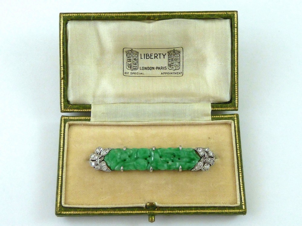 Liberty London Art Deco Jade Diamond Platinum Brooch Pin Chinese Box Antique