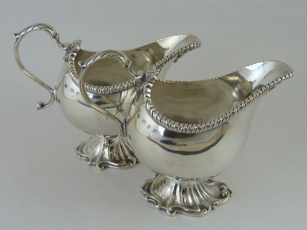 1897 Hallmarked Pair Helmet Shape Silver Sauce Boat Cream Jug View IV