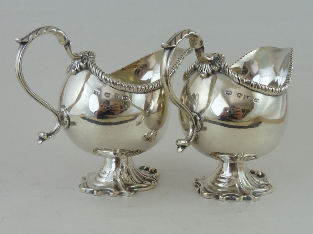 1897 Hallmarked Pair Helmet Shape Silver Sauce Boat Cream Jug View VI