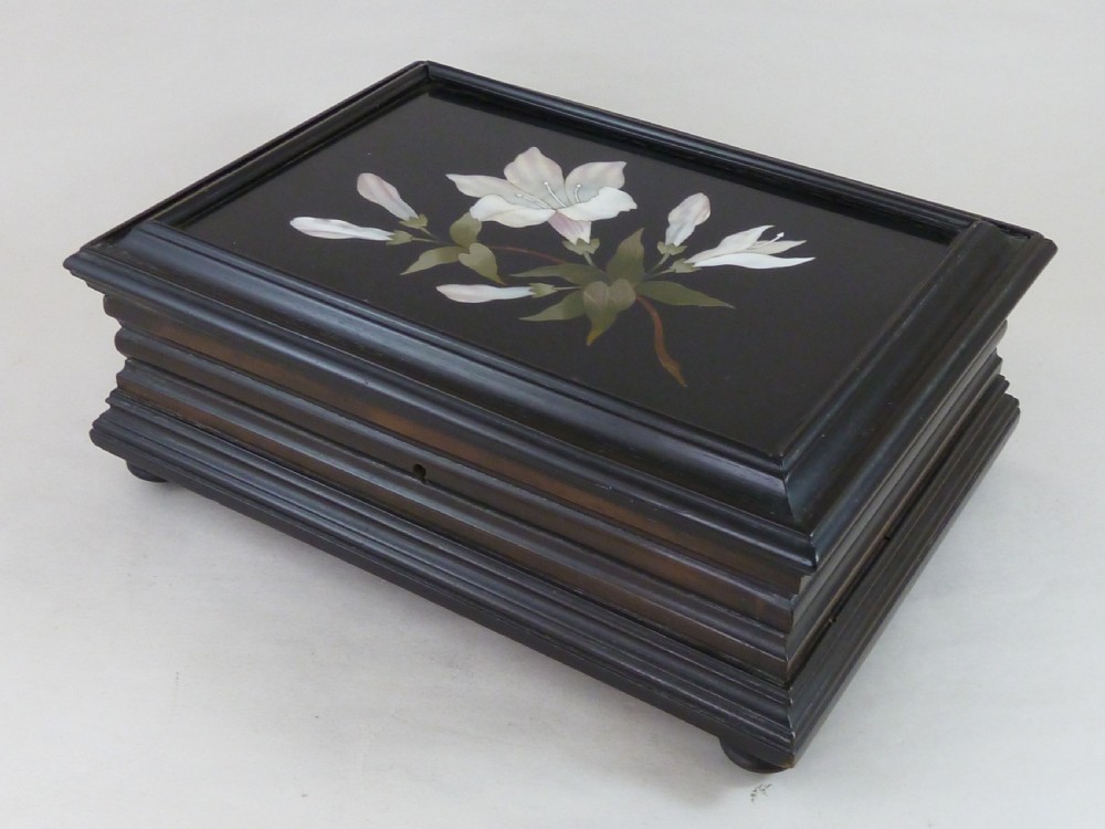 Large Italian Pietra Dura Mounted Ebony Jewellery Box Antique View IV