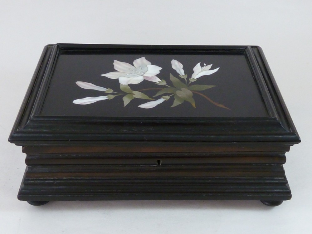 Large Italian Pietra Dura Mounted Ebony Jewellery Box Antique View VI