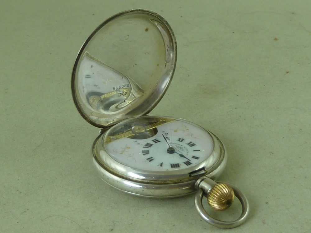 Swiss 8 Day Visible Escapement Full Hunter Pocket Watch 925 Sterling Silver London 1915 Hebdomas Weekly Watch Co 