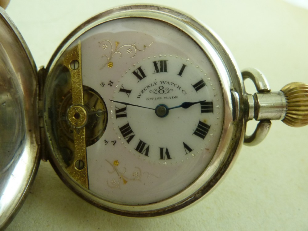 Swiss 8 Day Visible Escapement Full Hunter Pocket Watch 925 Sterling Silver London 1915 Hebdomas Weekly Watch Co  View III