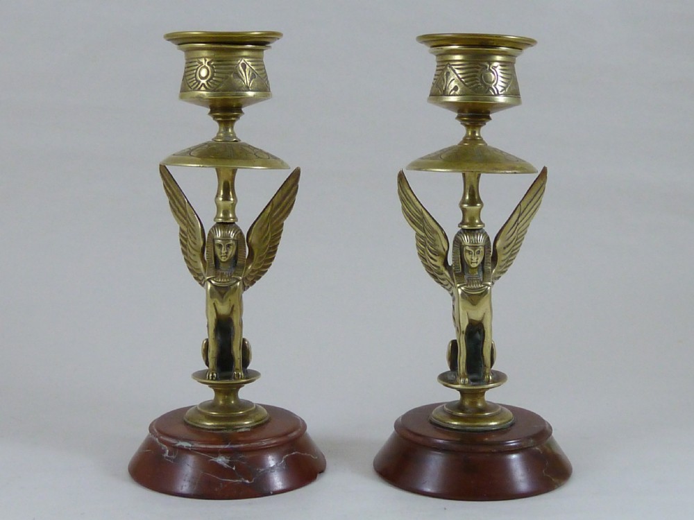 Egyptian Revival Sphinx Candlesticks Red Marble French Sphynx Victorian View II