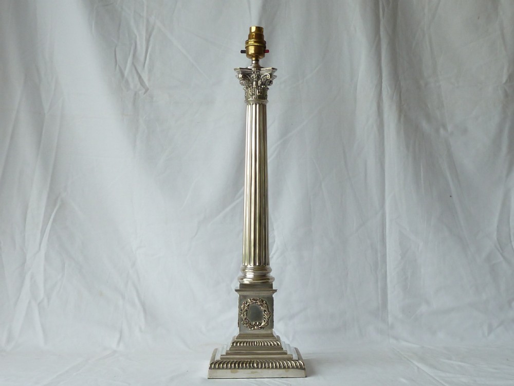 Large Victorian Silver Plate Corinthian Column Table Lamp Oil English View II