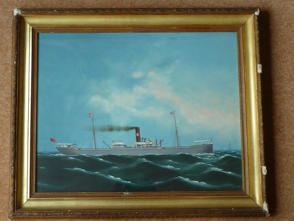 An antique framed oil painting depicting a steamship with two masts at sea under a blue sky.
