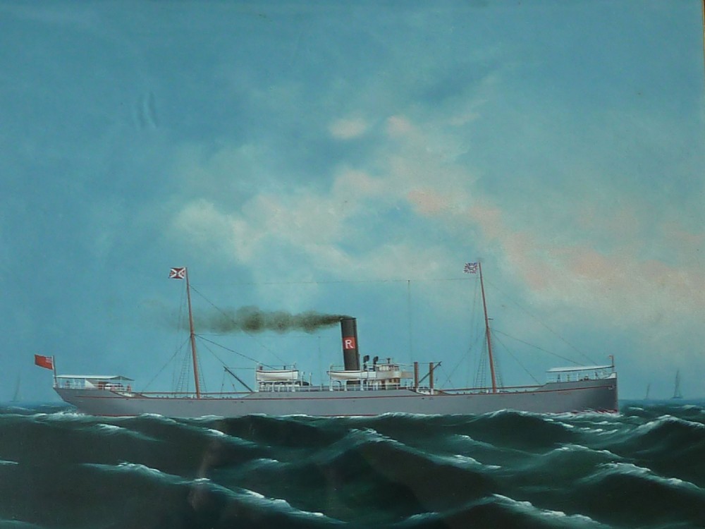 An antique framed oil painting depicting a steamship with two masts at sea under a blue sky. View II