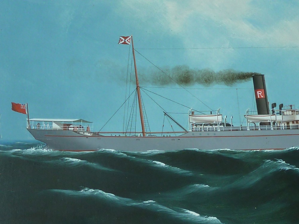 An antique framed oil painting depicting a steamship with two masts at sea under a blue sky. View III