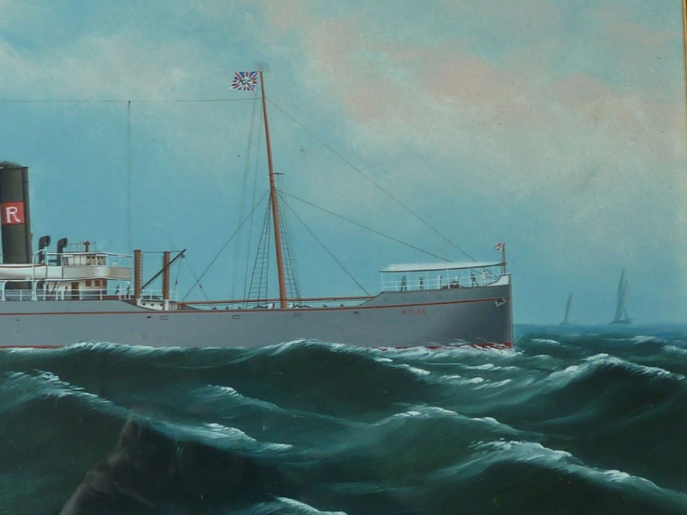 An antique framed oil painting depicting a steamship with two masts at sea under a blue sky. View IV