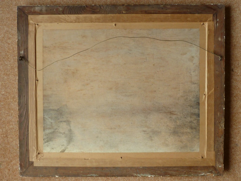 An antique framed oil painting depicting a steamship with two masts at sea under a blue sky. View V